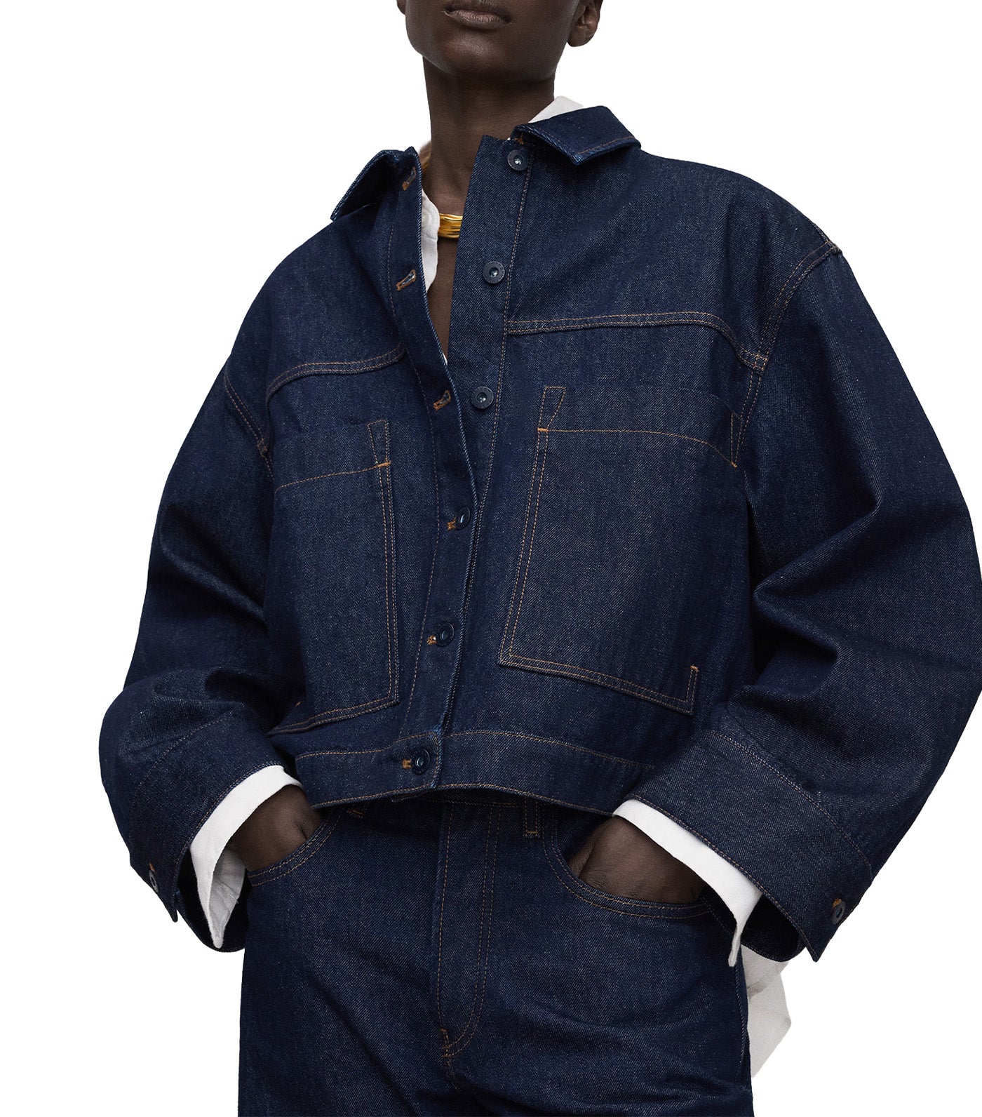Cotton Denim Boxy Jacket Navy Blue