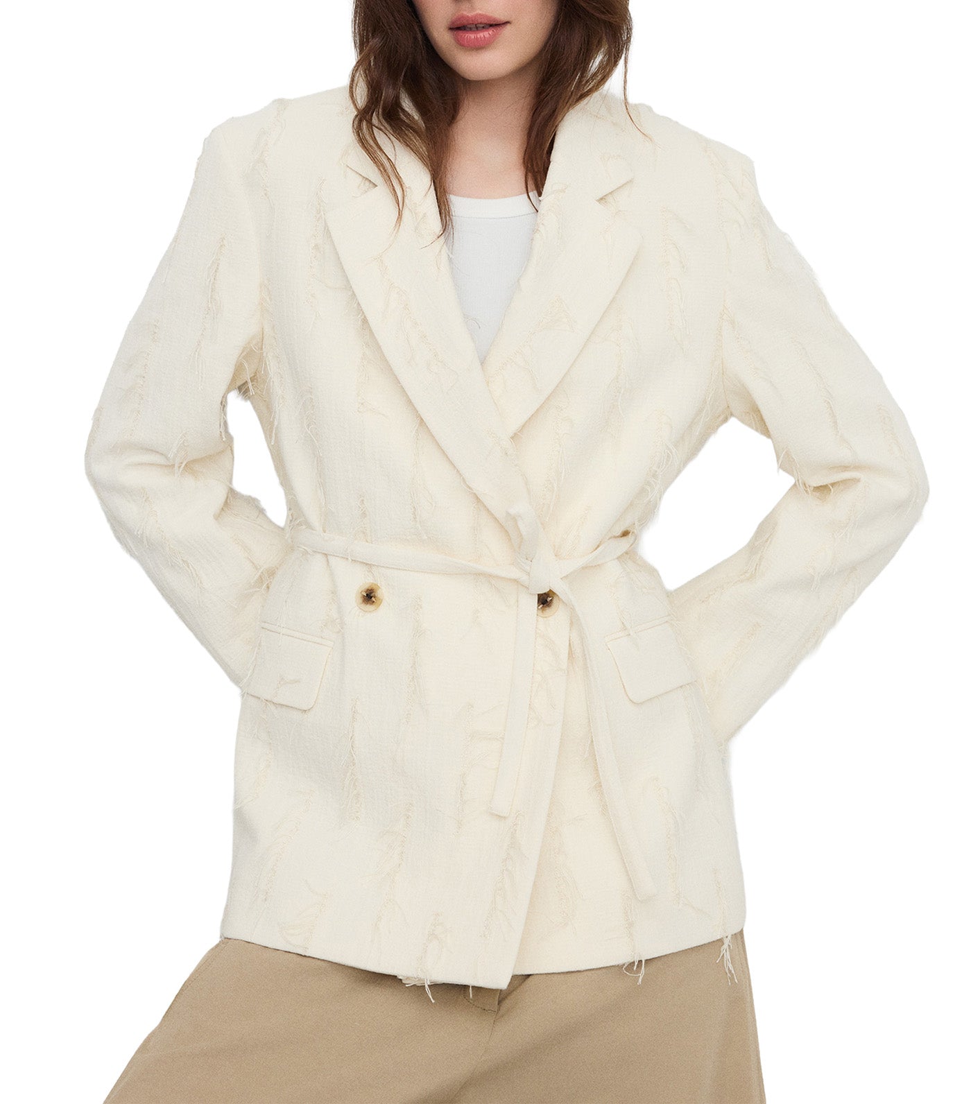 Frayed Double-Breasted Tailored Blazer Natural