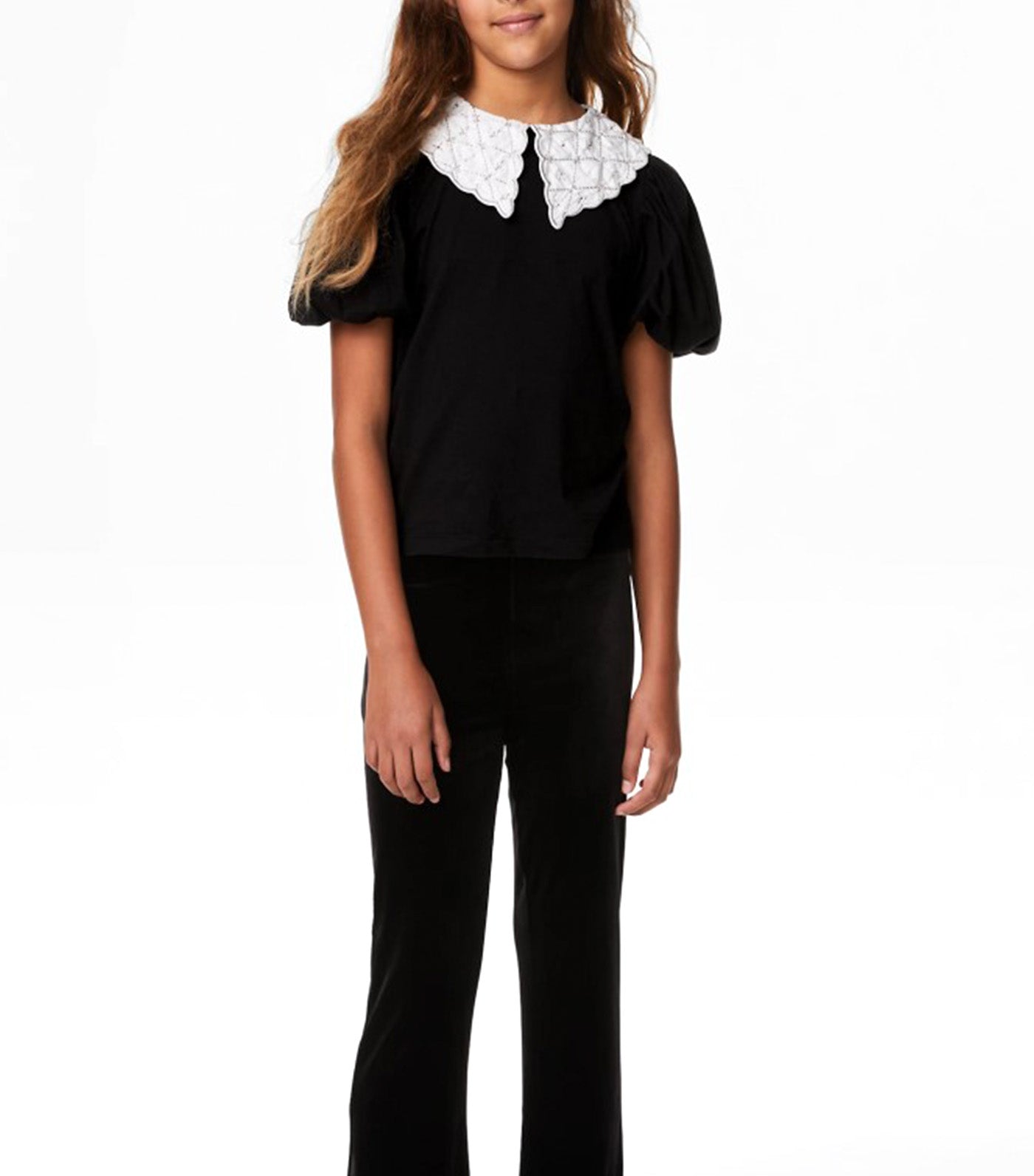 Pure Cotton Embellished Collar Top Black