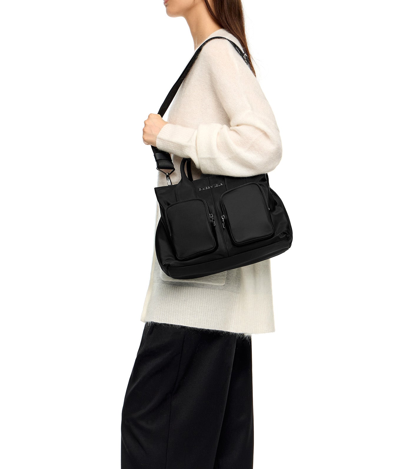 Nylon Pocket Top Handle Bag Black