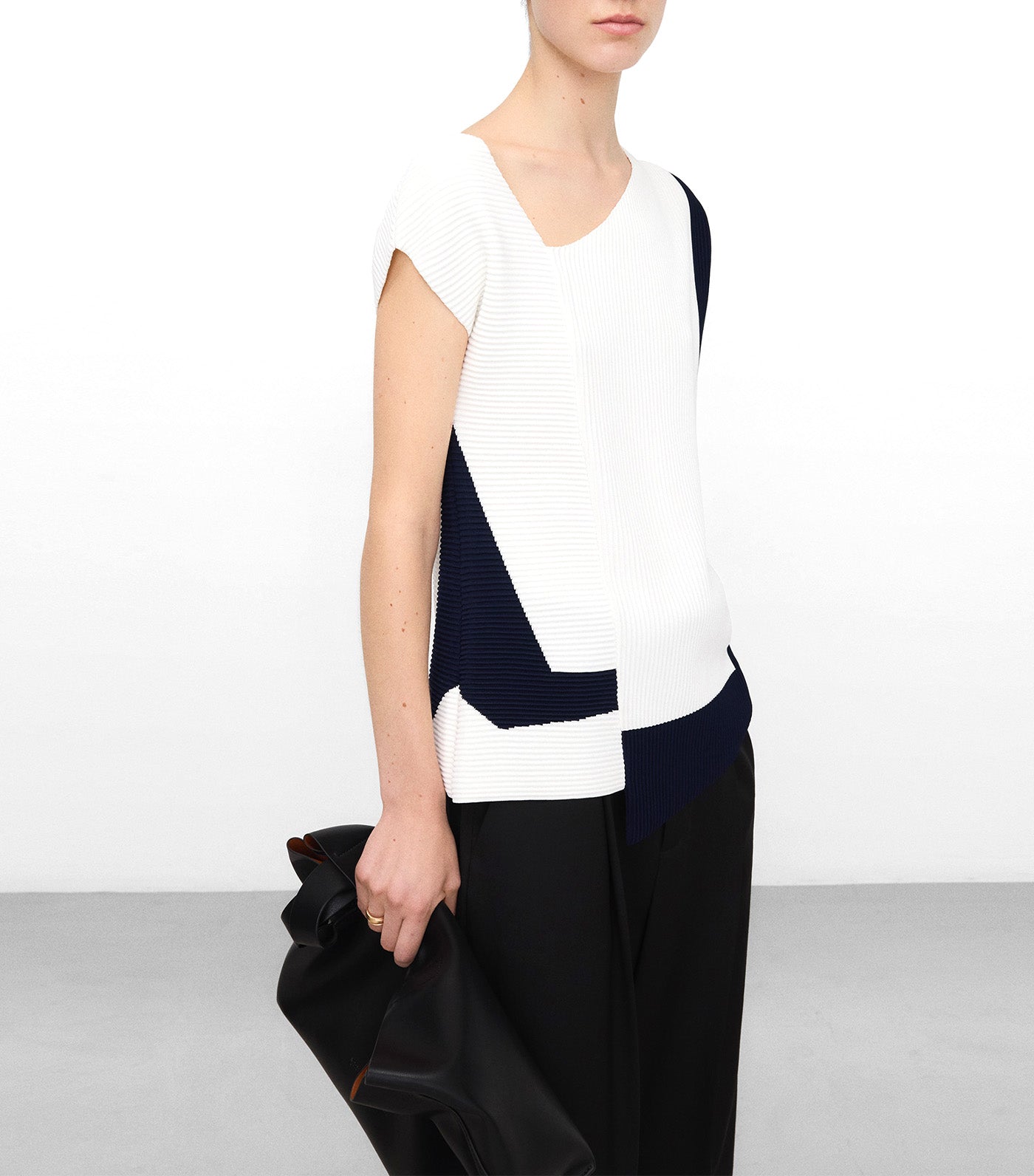 Structured Knit Asymmetrical Top Navy Blue/White