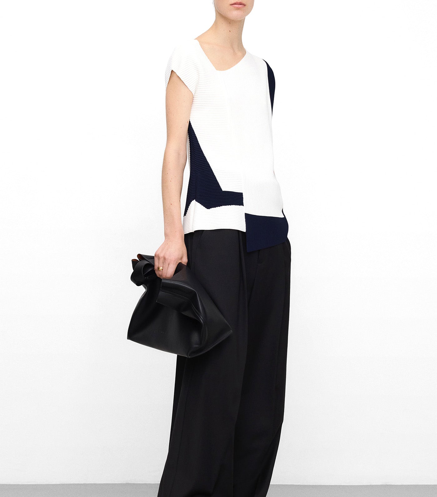 Structured Knit Asymmetrical Top Navy Blue/White