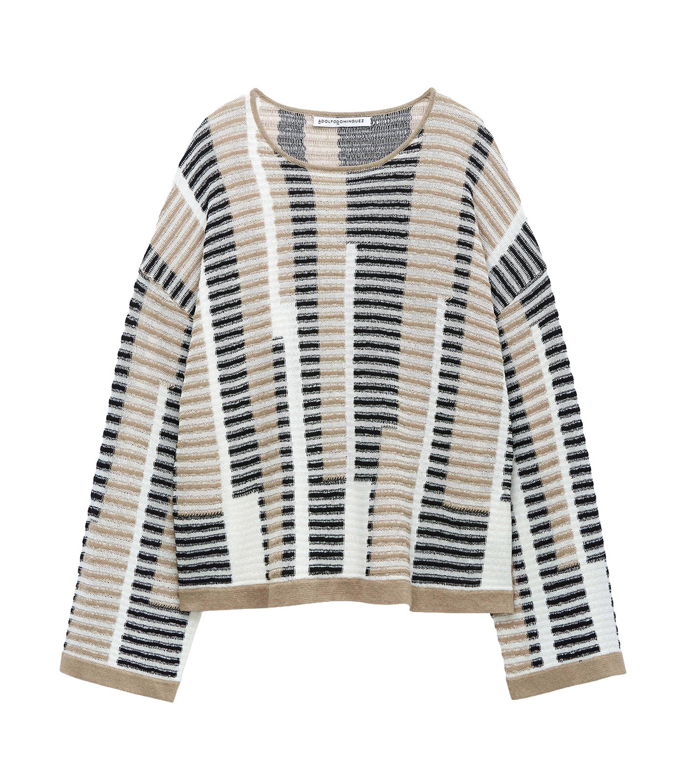Irregular Striped Jacquard Knit Sweater Black/Ecru