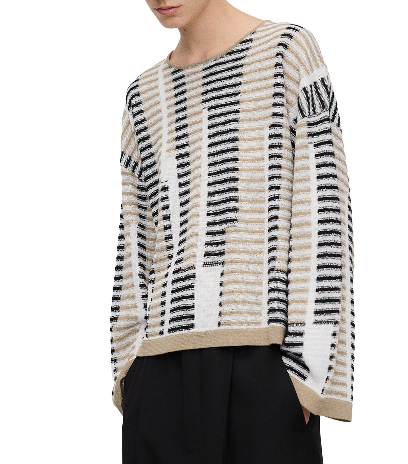 Irregular Striped Jacquard Knit Sweater Black/Ecru