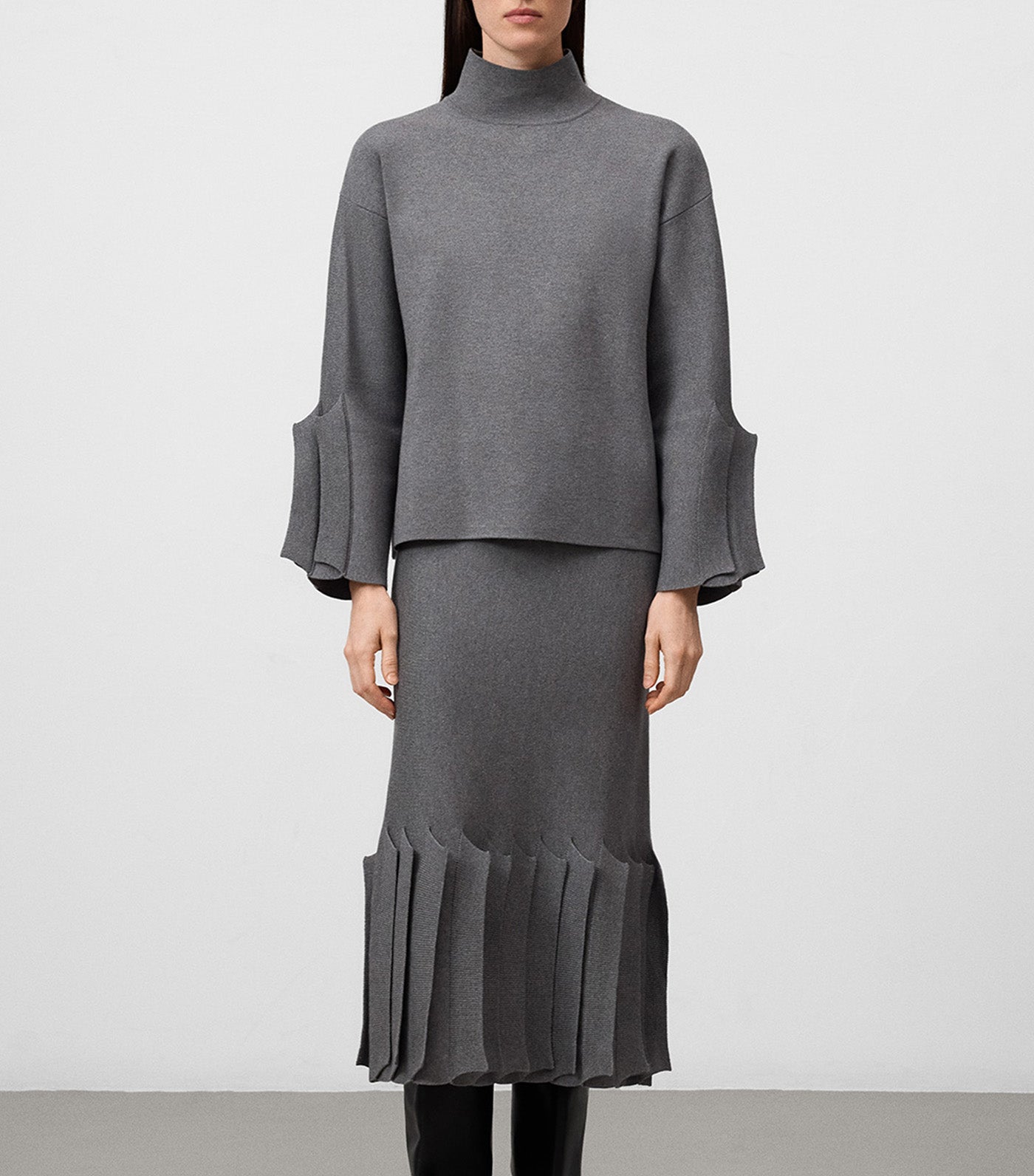 Pleated Sleeve Knit Sweater Gray Melange