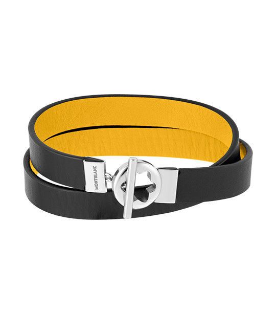 Double-Faced Leather Bracelet with Stainless Steel Snowcap Closure (58) Black/Yellow