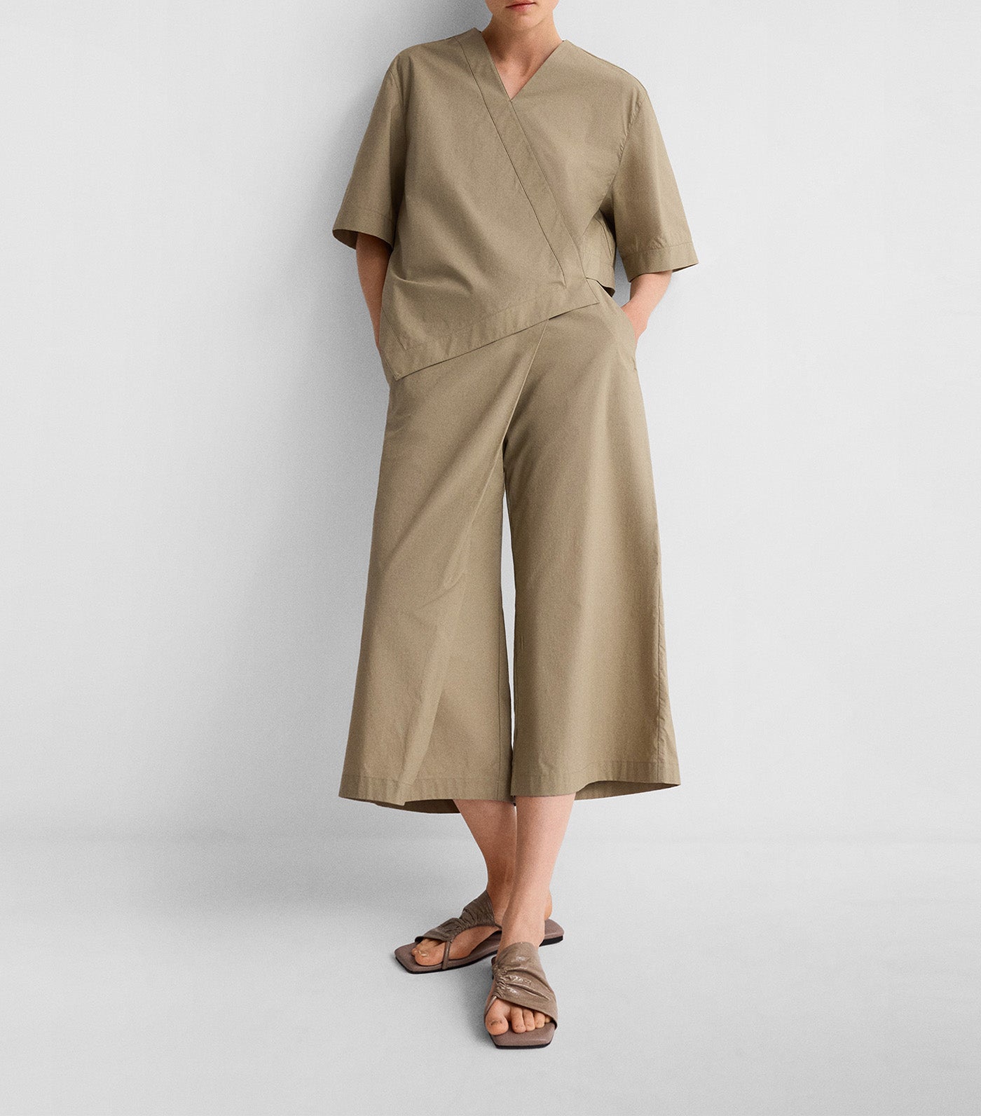 Cotton Cropped Wrap Stone Trousers Stone