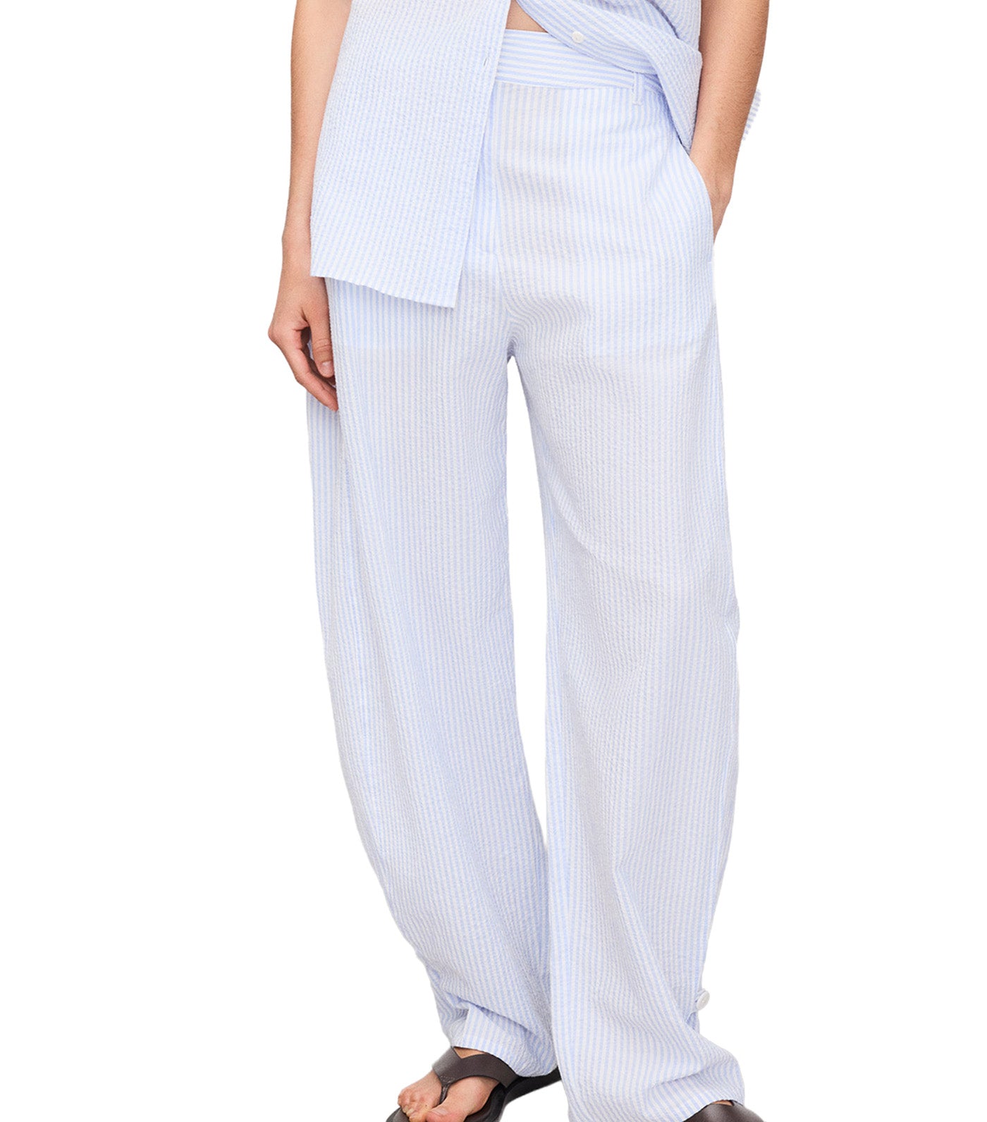 Seersucker Striped Barrel Fit Trousers Blue Stripe