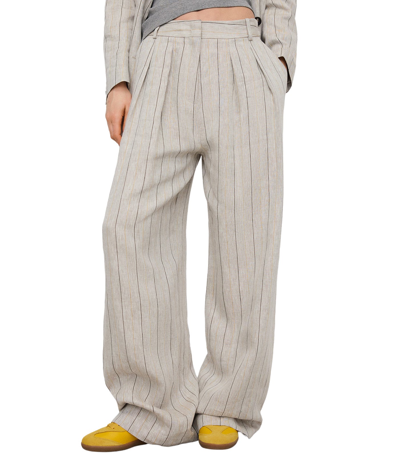 European Linen Striped Straight Trousers Brown Stripe
