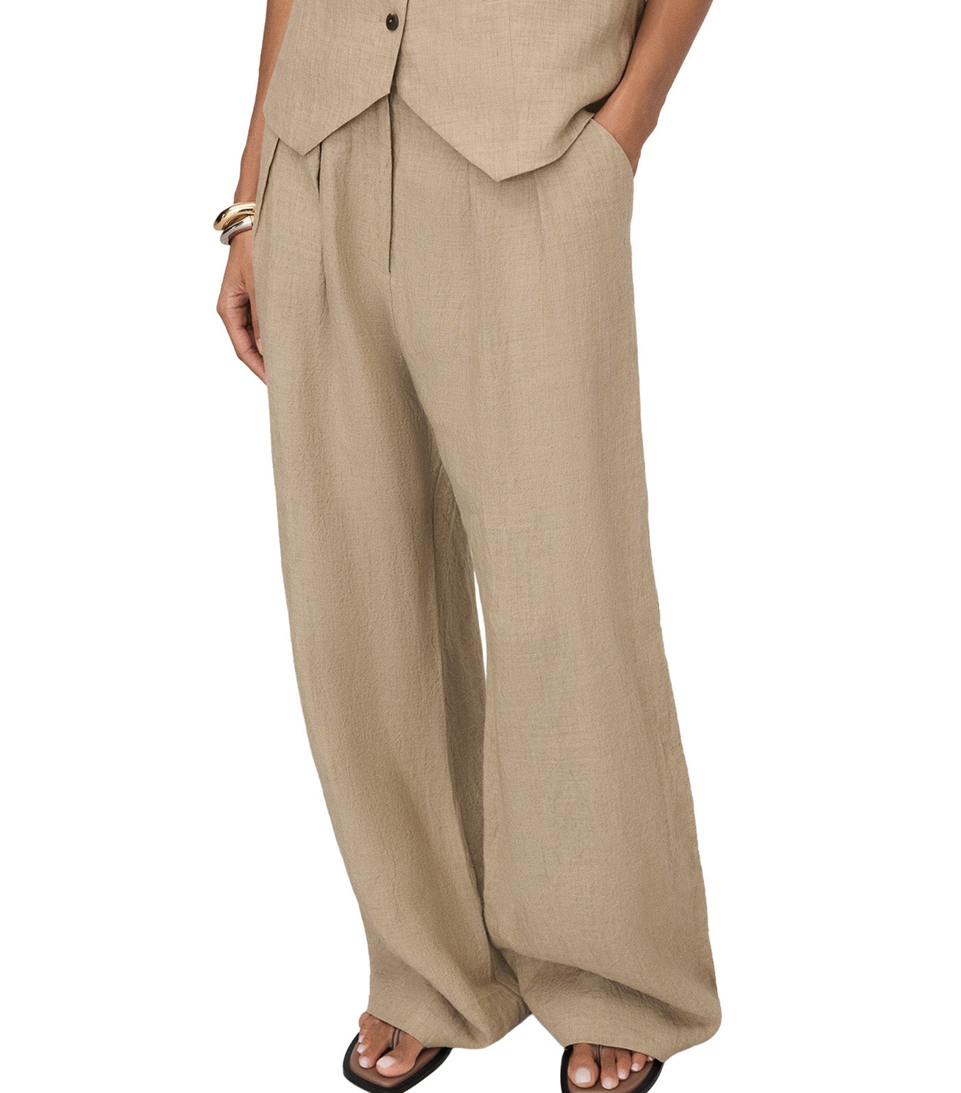 Linen Wide-Leg Double-Pleated Trousers Sand Melange