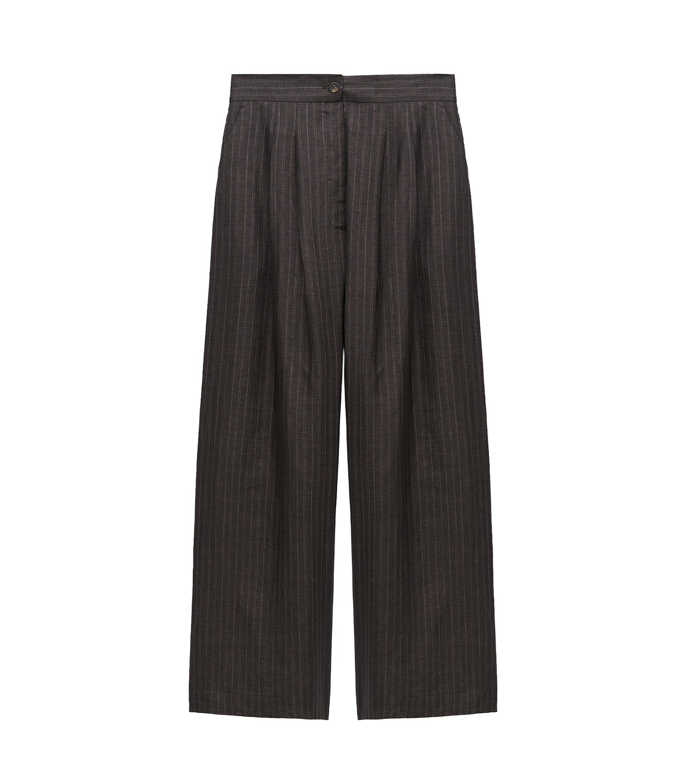 European Linen Striped Straight Trousers Brown