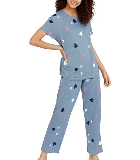 Cotton Heart Print Pajama Set Blue Mix