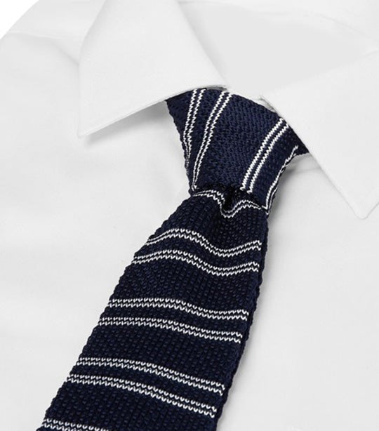 Skinny Square End Striped Knitted Tie Navy Mix