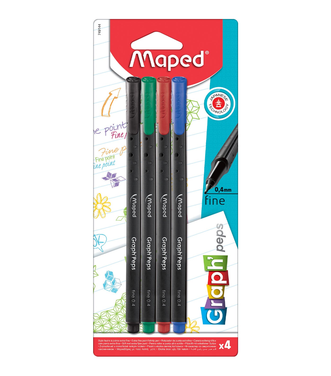 Graph'Peps Classic 0.4mm Fine Felt Tipped Pens Primary Colors x 4