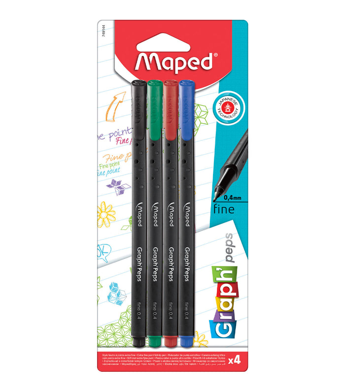 Felt Graph Maped Graph'Peps Classic 0.4mm Fine Felt Tipped Pens Primary Colors x 4 ...