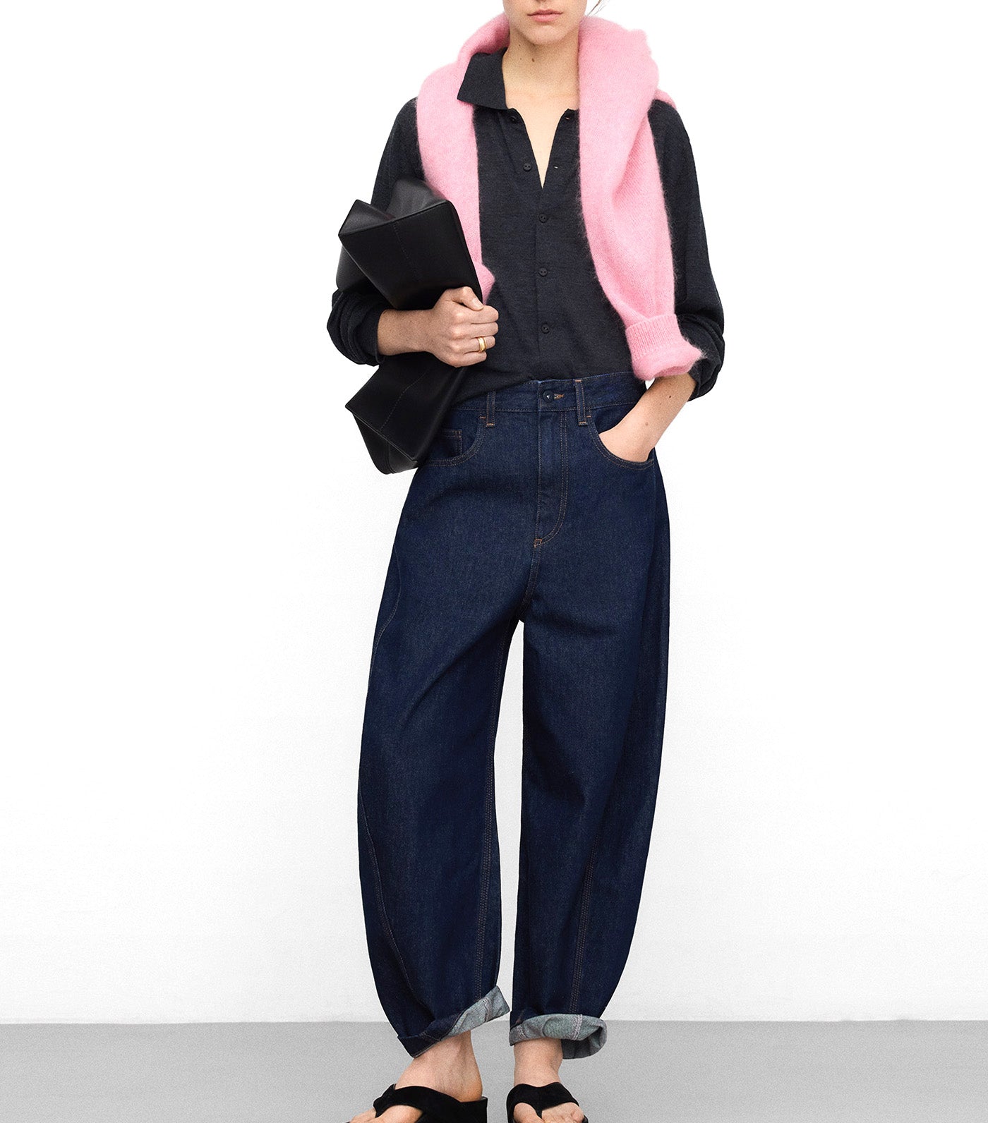 Cotton Denim Barrel Fit Trousers Navy Blue