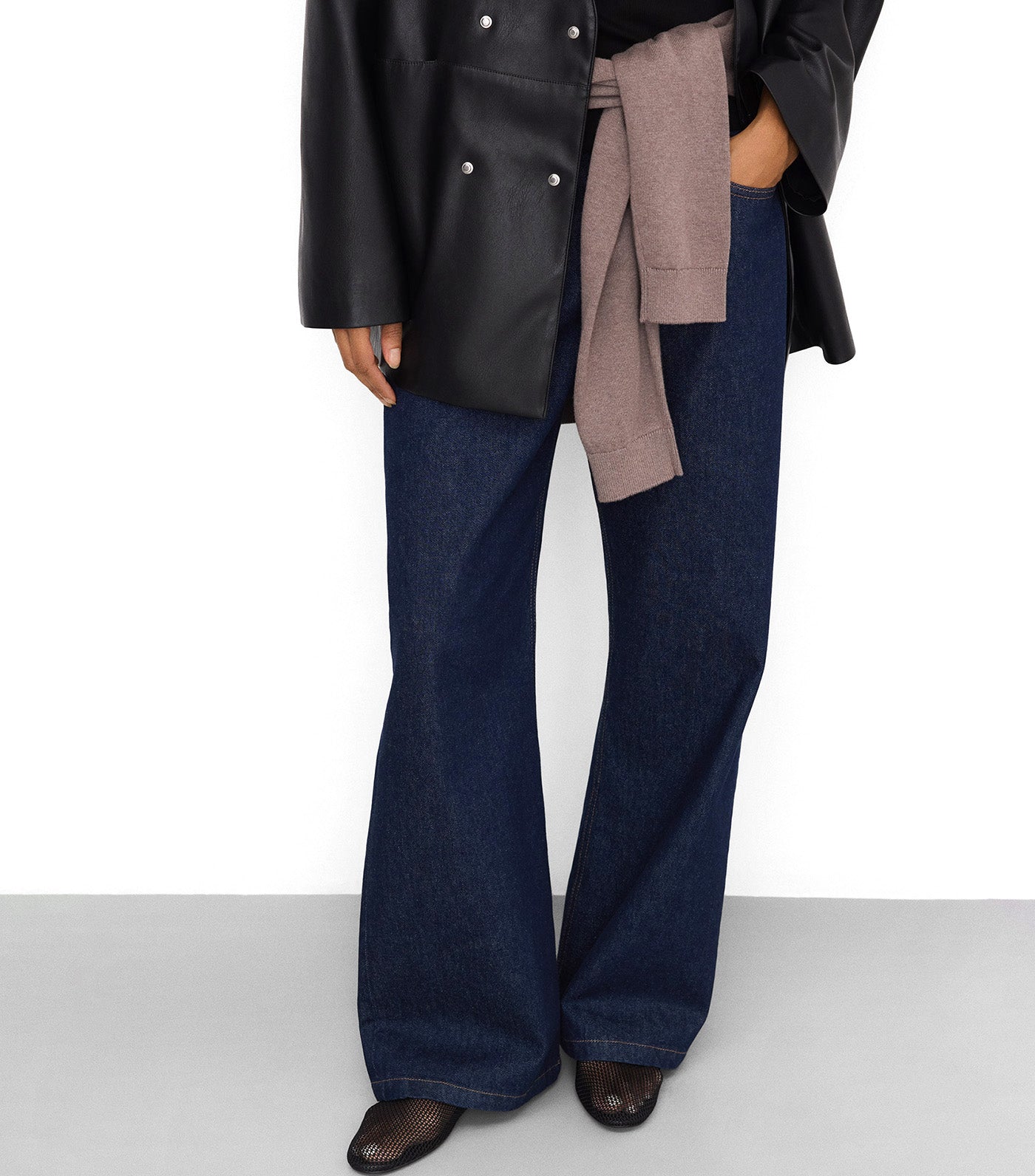 Cotton Denim Straight-Leg Trousers Navy Blue
