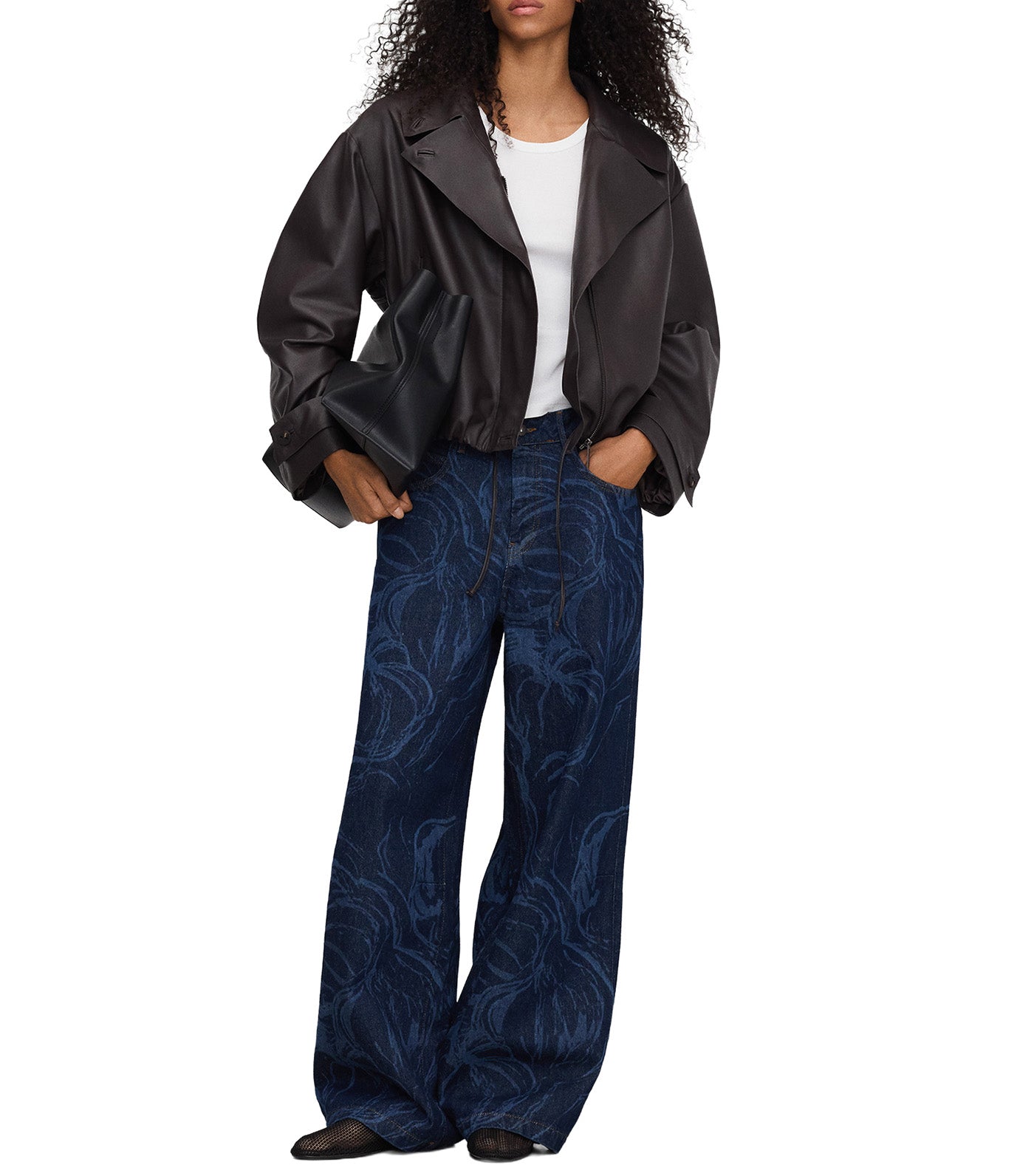 Printed Denim Oversize Trousers Navy Blue