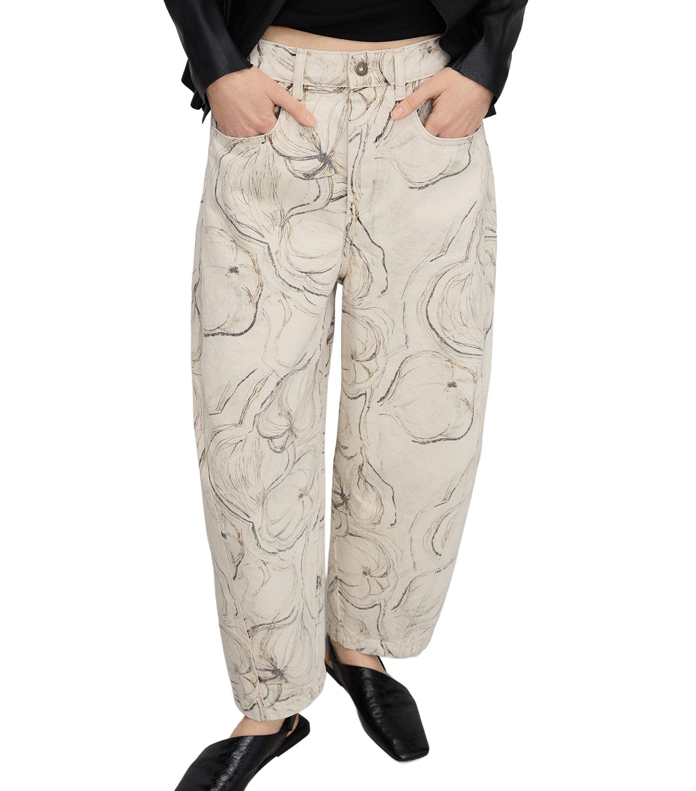 Printed Denim Barrel Fit Trousers Multicolor