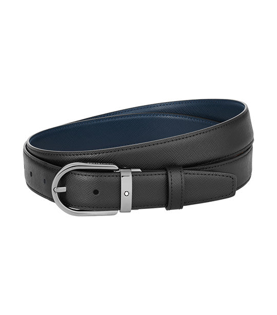 Horseshoe Buckle 30mm Reversible Leather Belt Black/Blue
