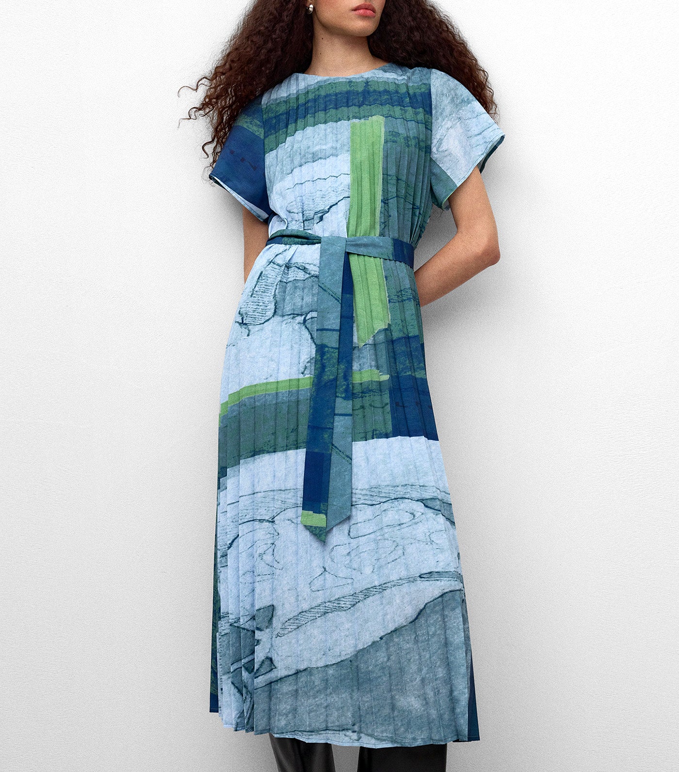 Printed Midi Crinkle Dress Black/Blue/Green