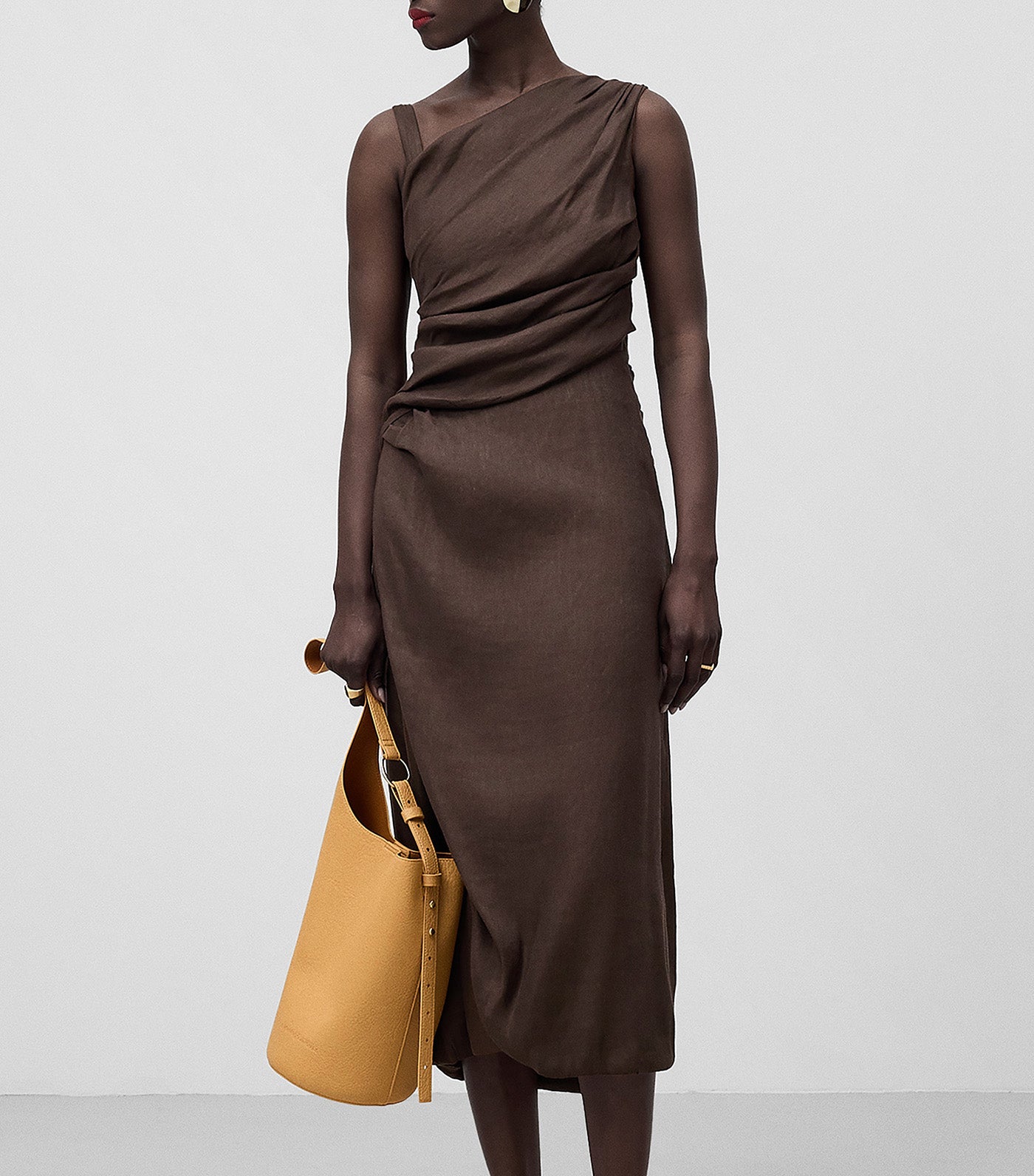 Linen Blend Midi Draped Dress Chocolate