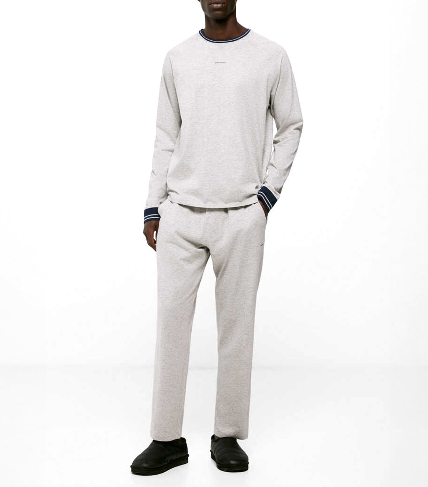 Long Plain Gray Melange Cotton Knit Pajamas Gray