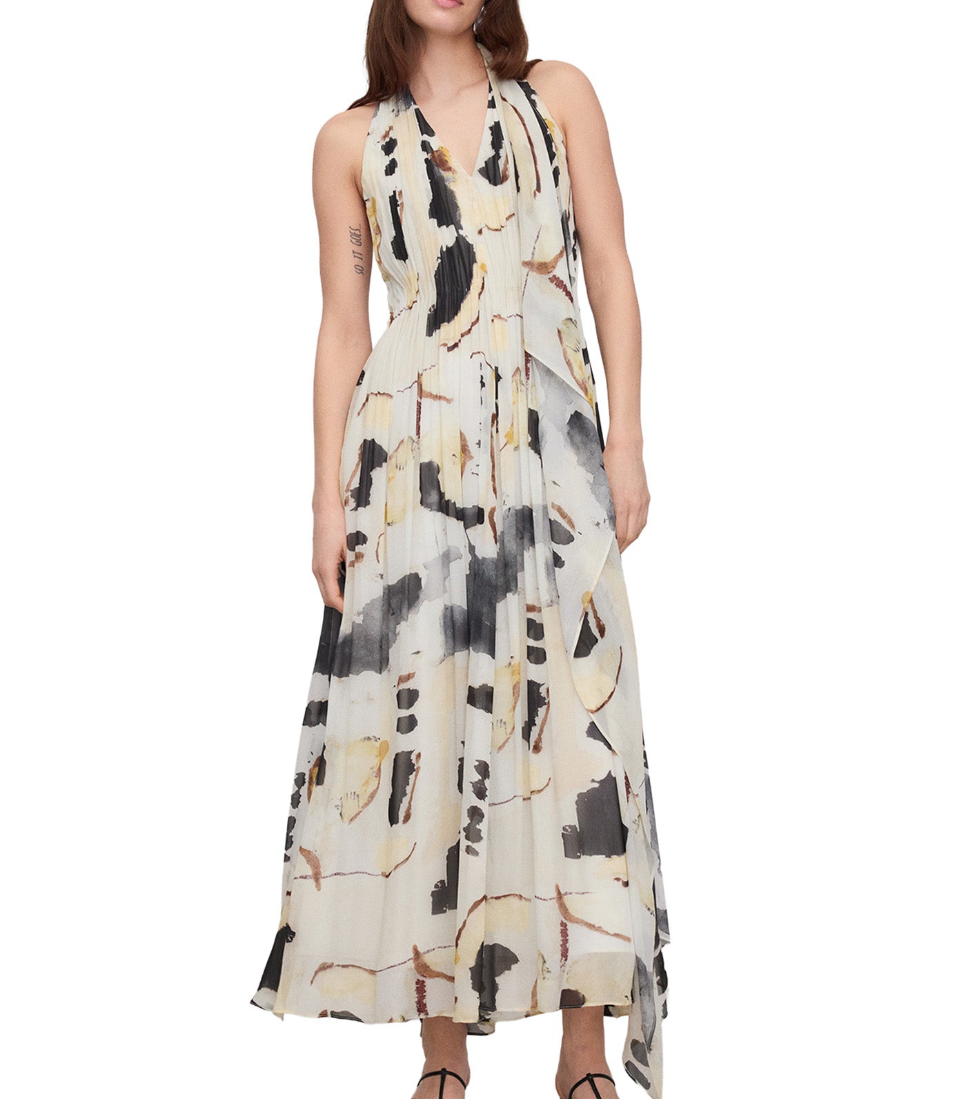 Scarf-Collar Printed Long Dress Flower Stamped