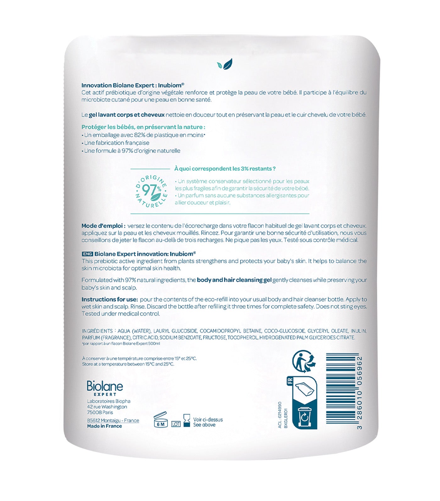 Biolane 2-in-1 Body and Hair Cleanser Eco-Refill Pack 500ml