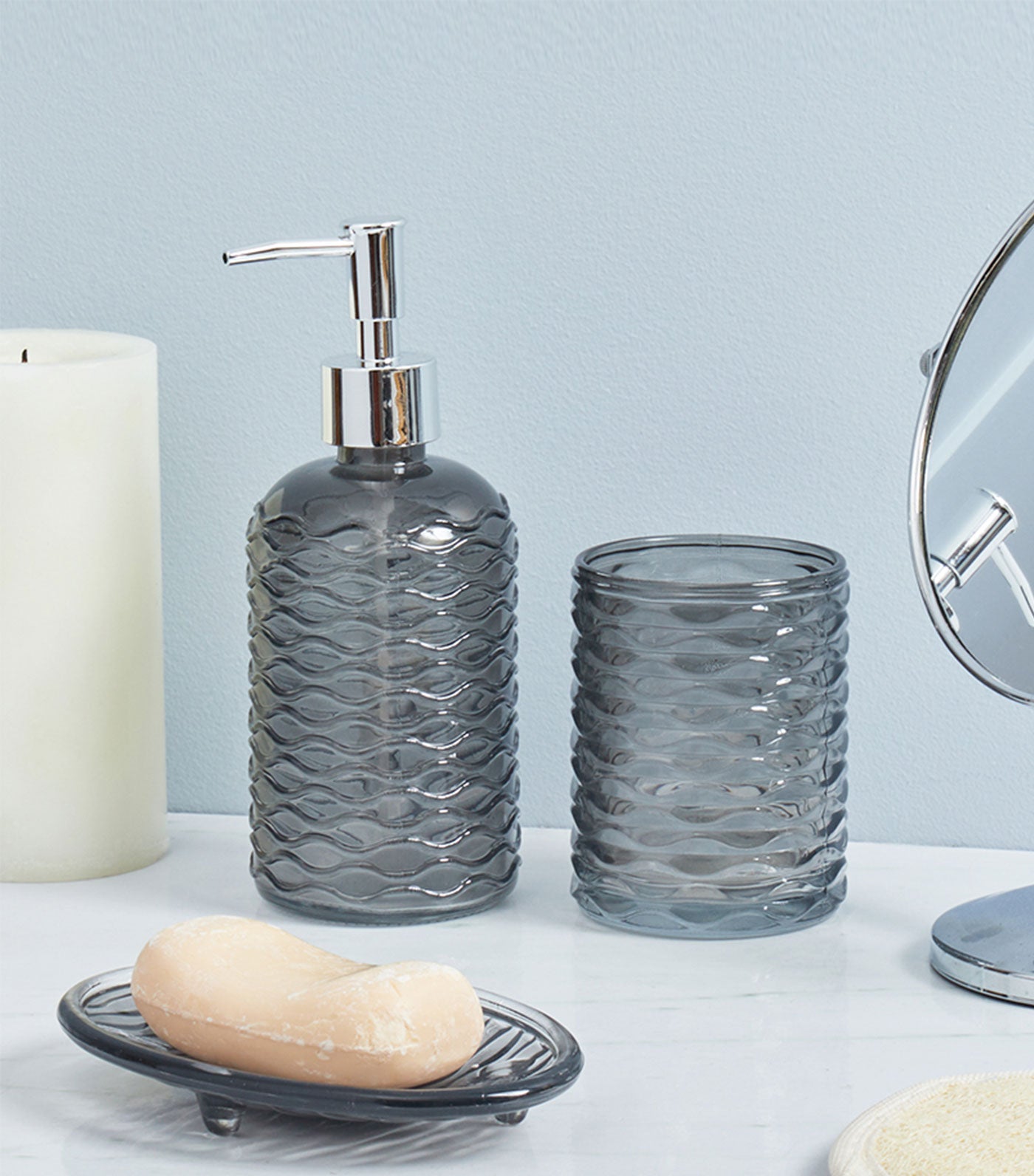 MakeRoom Rippled 3-Piece Glass Bathroom Accessories Set