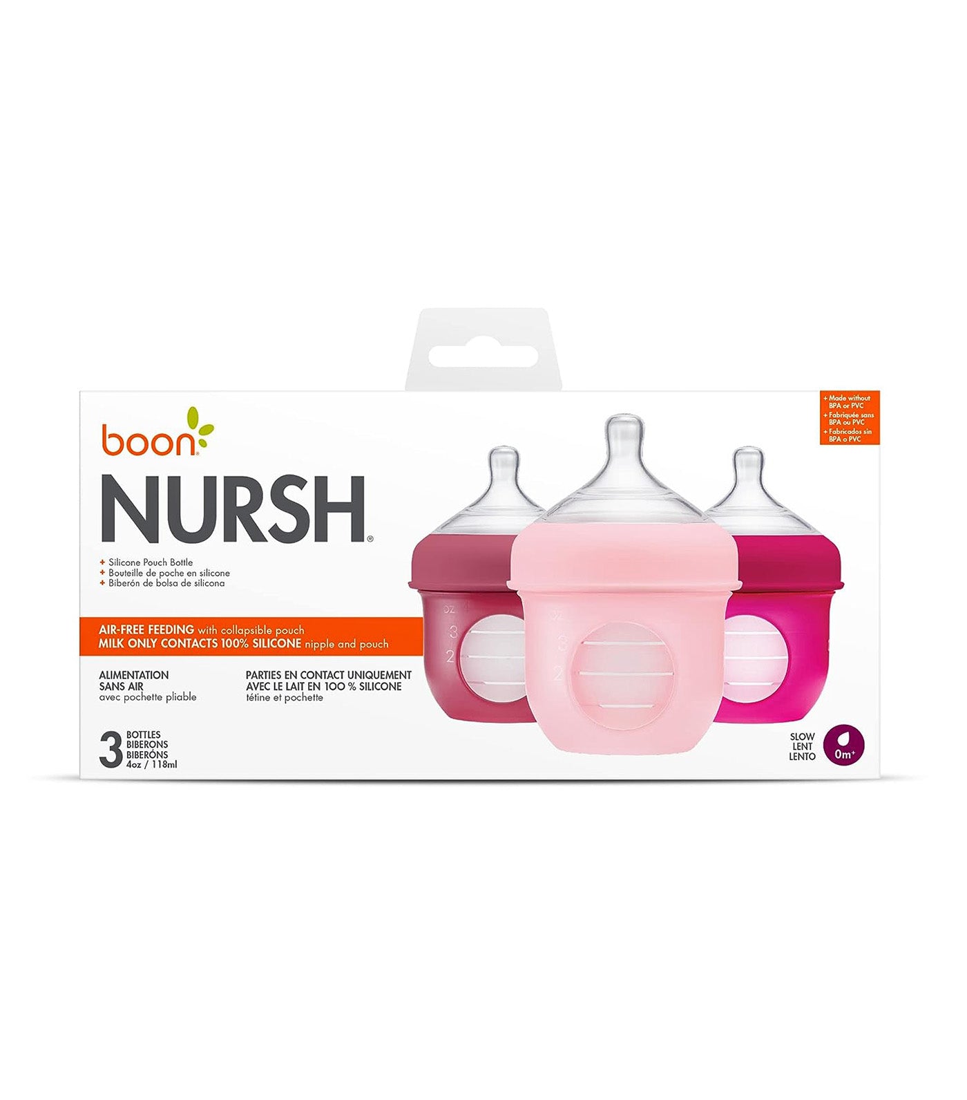 NURSH Silicone Bottle 4oz 3 Pack Pink Multi