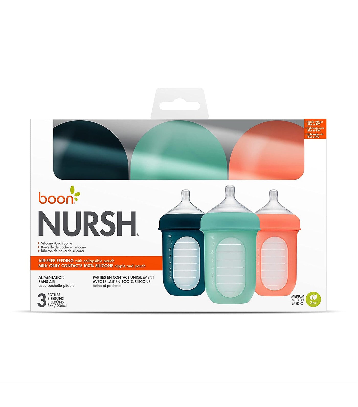 NURSH Silicone Bottle 8oz 3 Pack Mint/Cantaloupe/Navy
