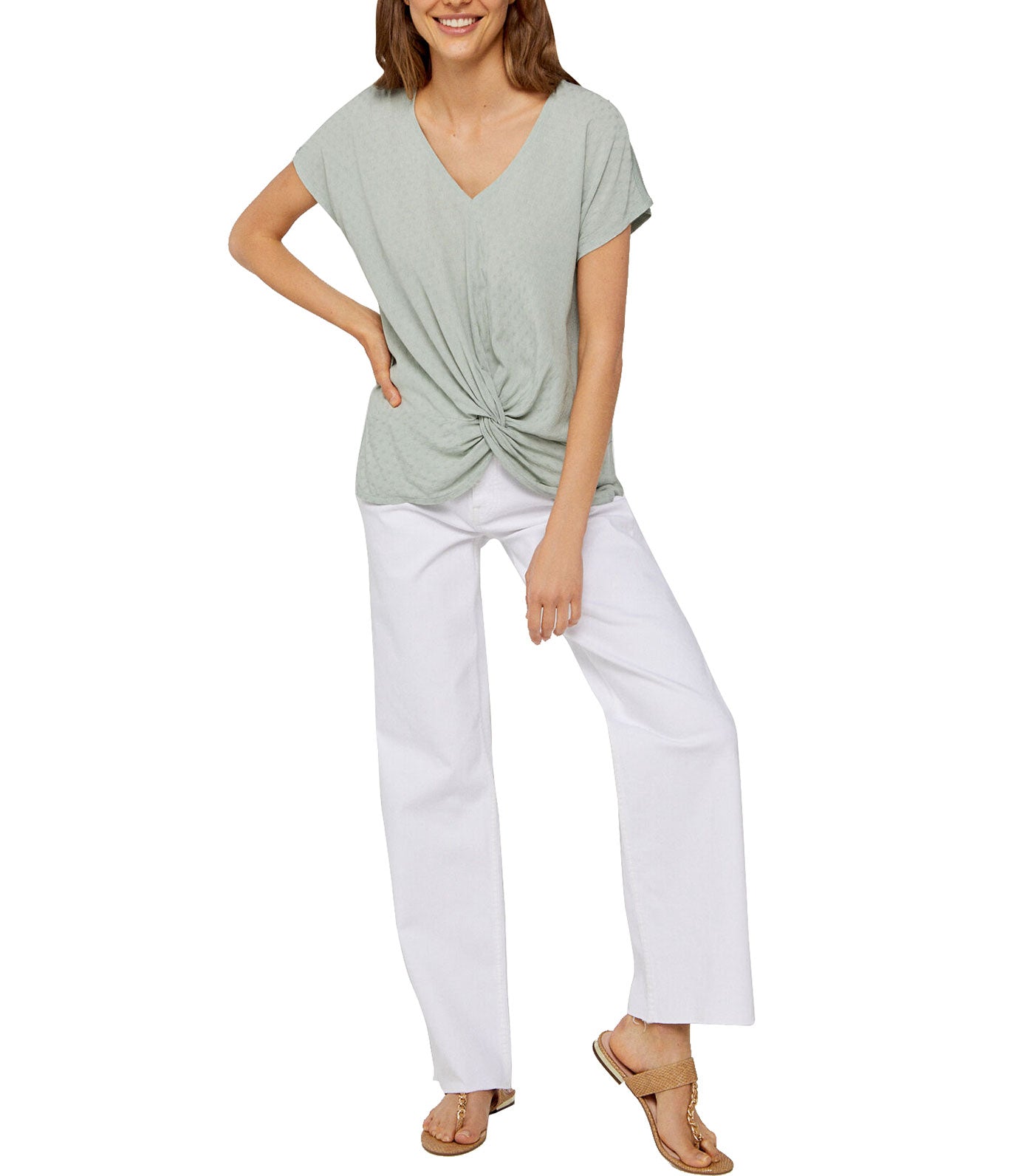 Combined Knit Top with Draped Knot Green
