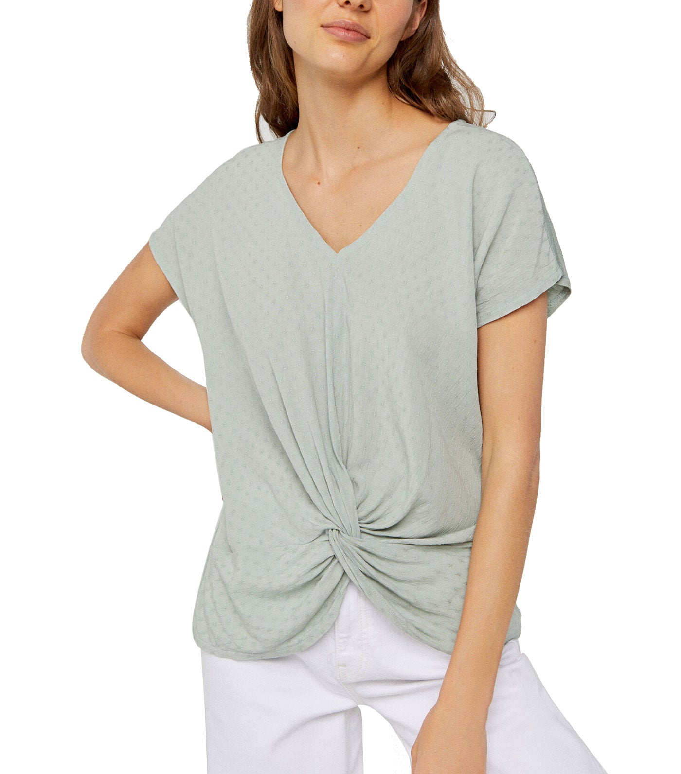 Combined Knit Top with Draped Knot Green