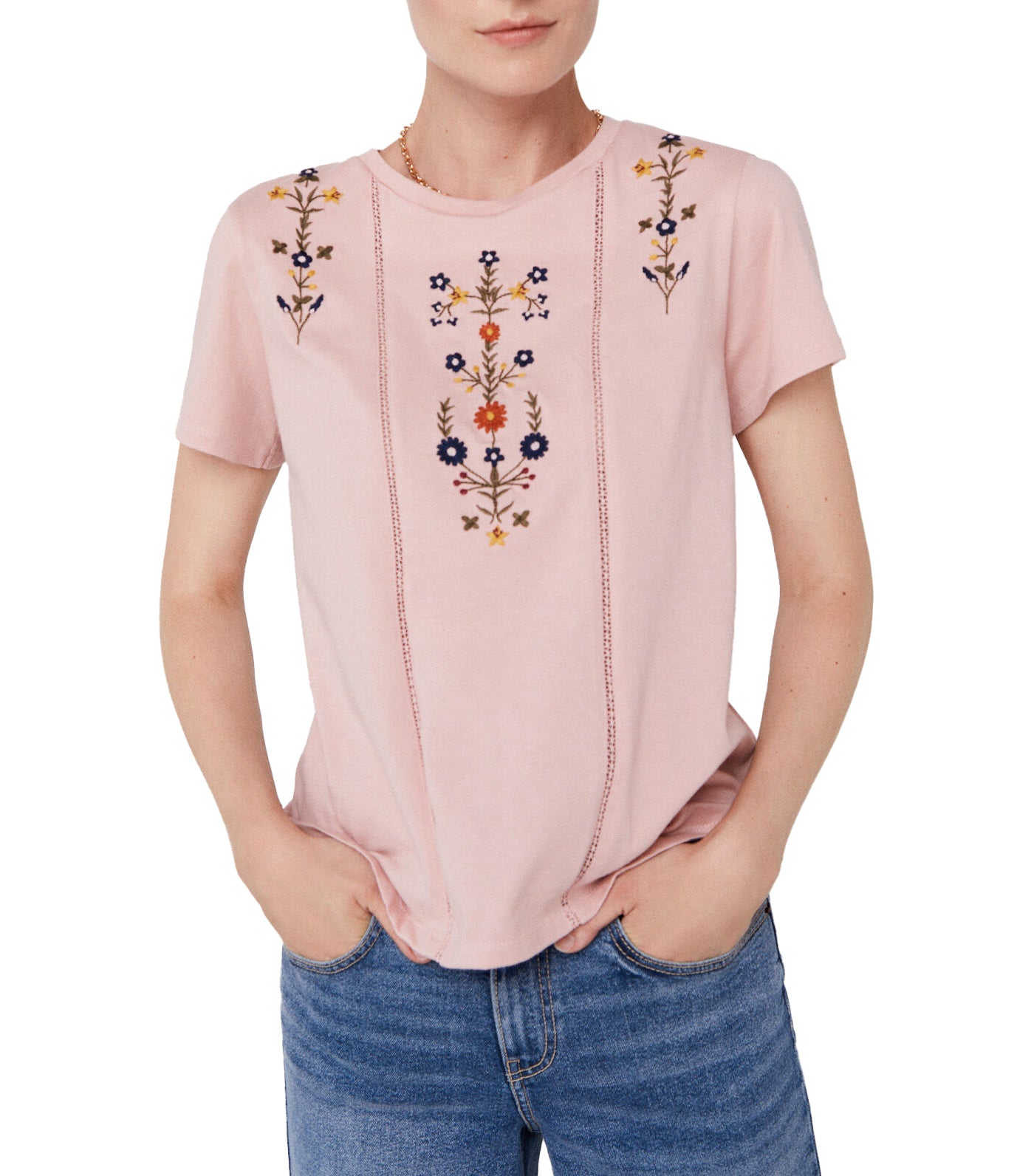 Floral Embroidery T-Shirt Pink