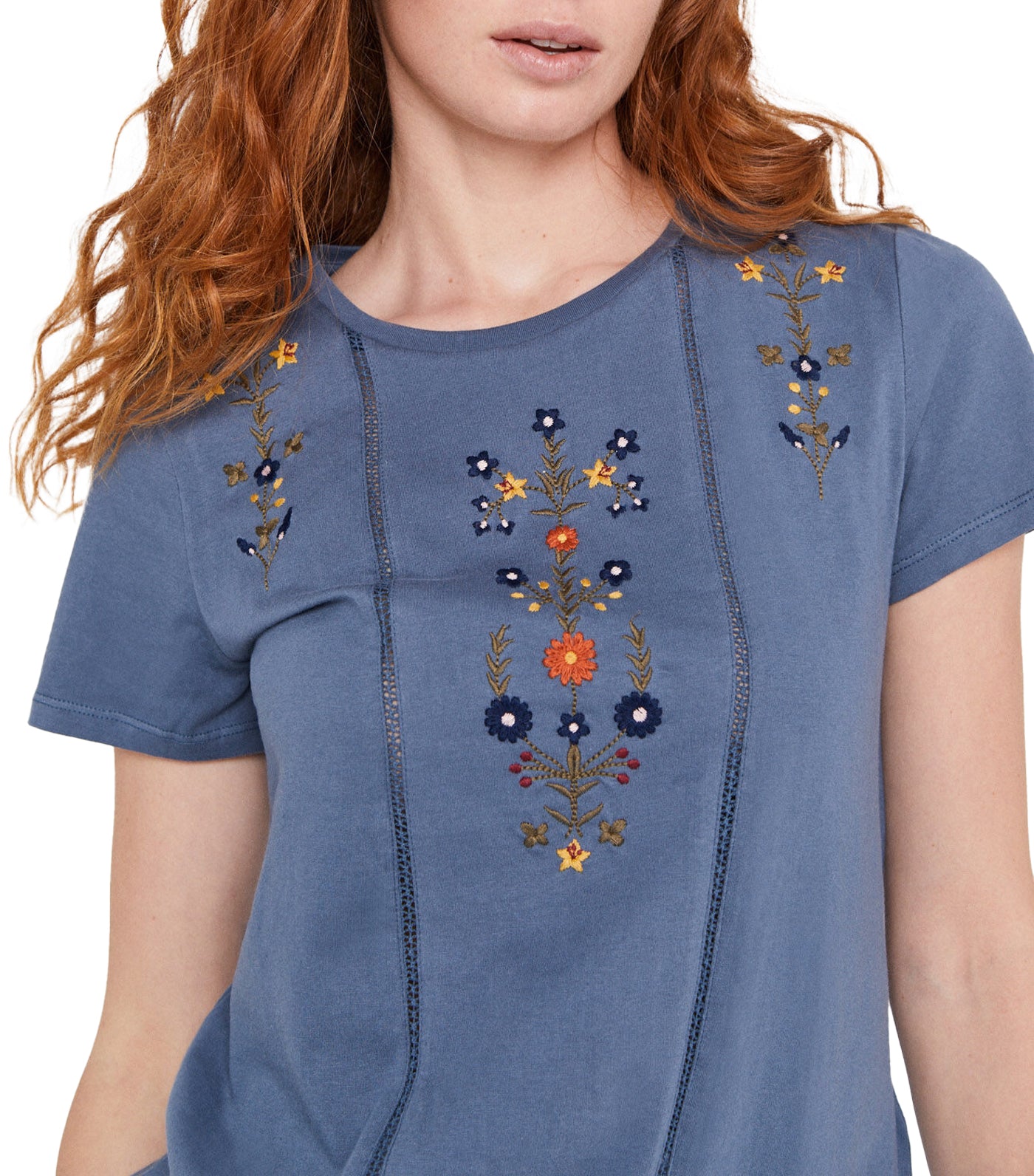 Floral Embroidery T-Shirt Blue