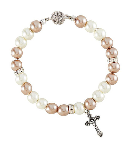 Two Tone Bracelet with Crucifix White/Champagne