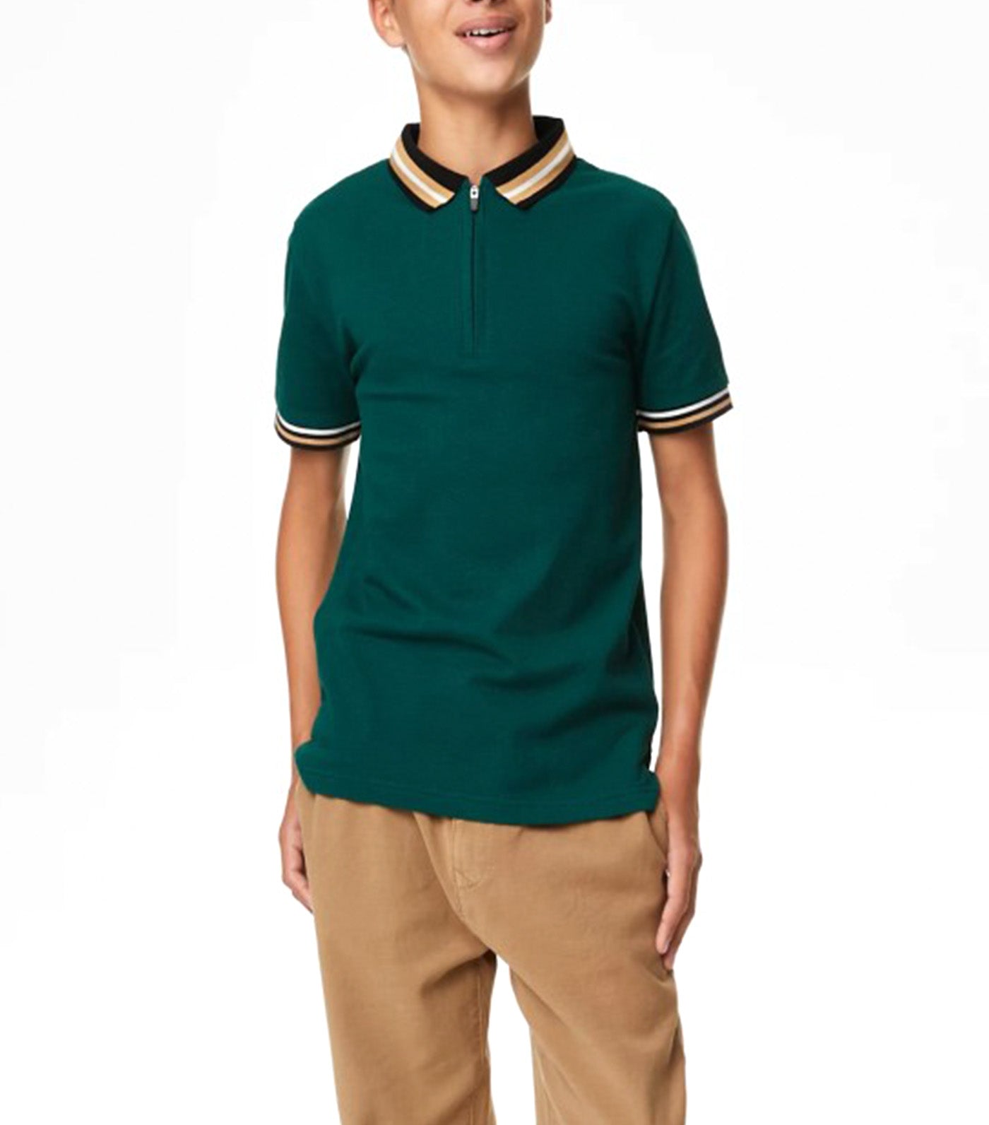 Cotton Rich Half Zip Polo Shirt Green