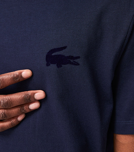 Men's Velour Crocodile Crew Neck Cotton Indoor T-Shirt Navy Blue
