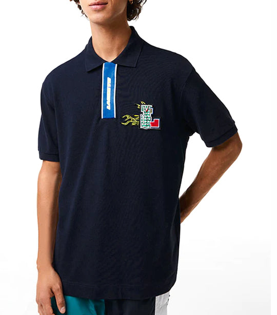 Men's Holiday Contrast Placket and Crocodile Badge Polo Navy Blue