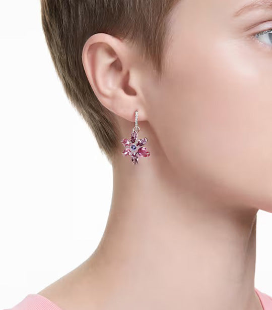 Gema Drop Earrings Mixed Cuts, Flower, Pink, Rhodium Plated Pink