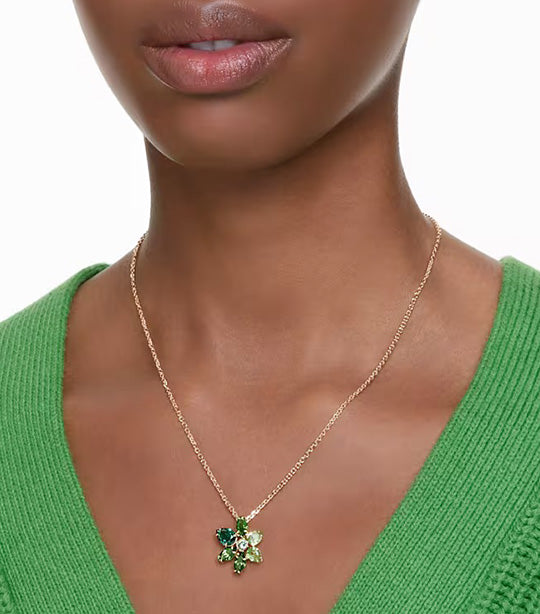 Gema Pendant Mixed Cuts, Flower, Green, Gold-Tone Plated Green