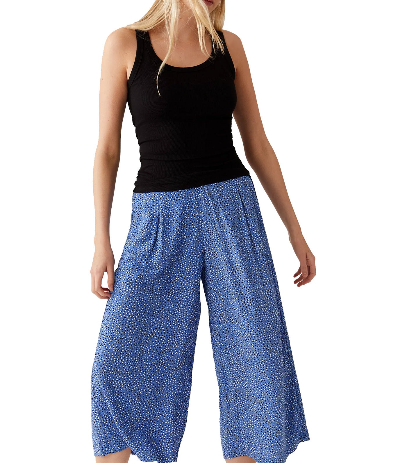 Printed Wide Leg Cropped Trousers Blue Mix