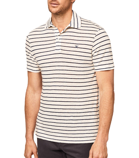 Linen Knit Stripe Polo Shirt Ecru/Navy