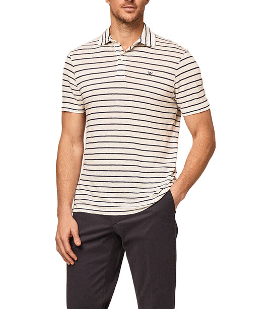Linen Knit Stripe Polo Shirt Ecru/Navy