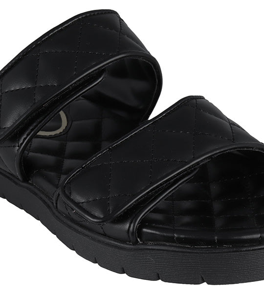 Reeves Quilted Two Band Flat Sandals Black