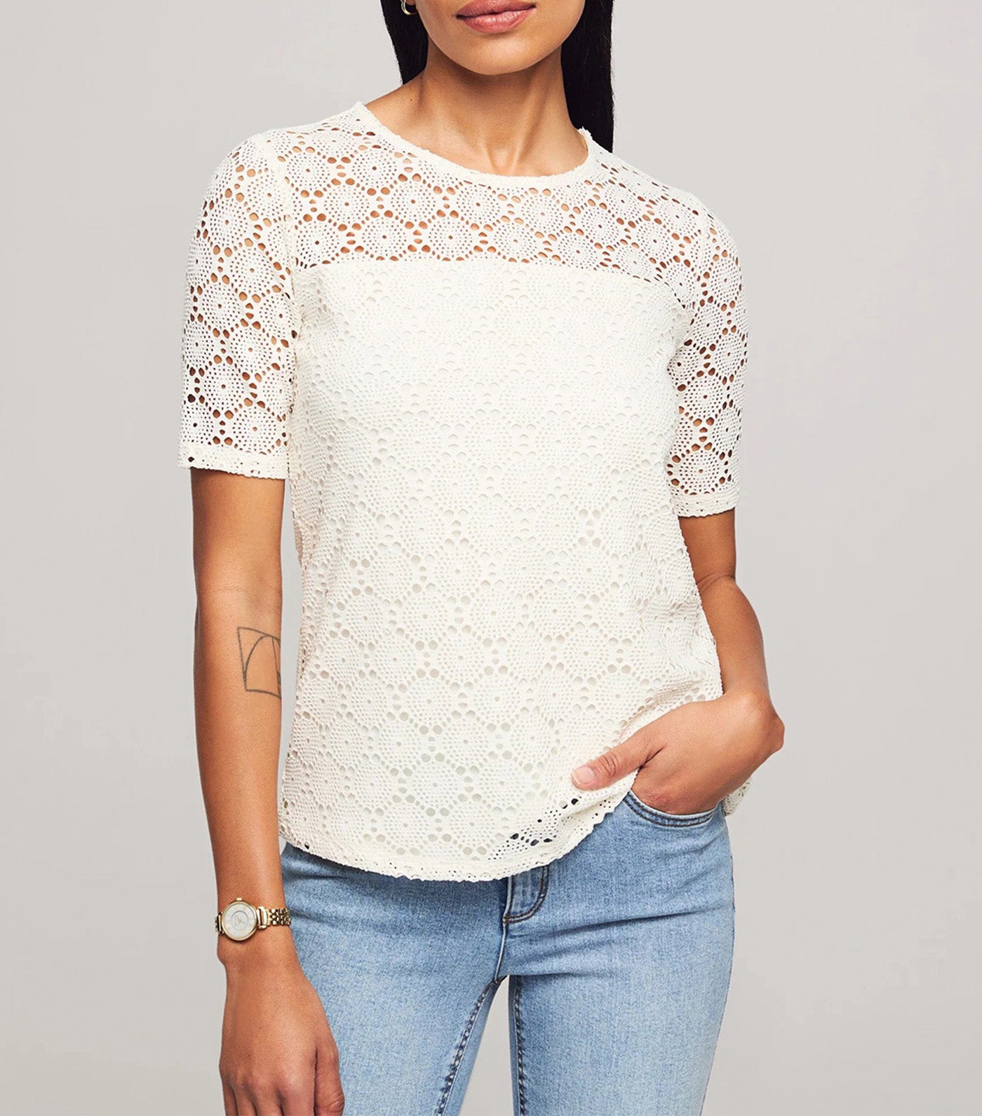 Lace Knit Elbow Sleeve Lace Tee Anne White