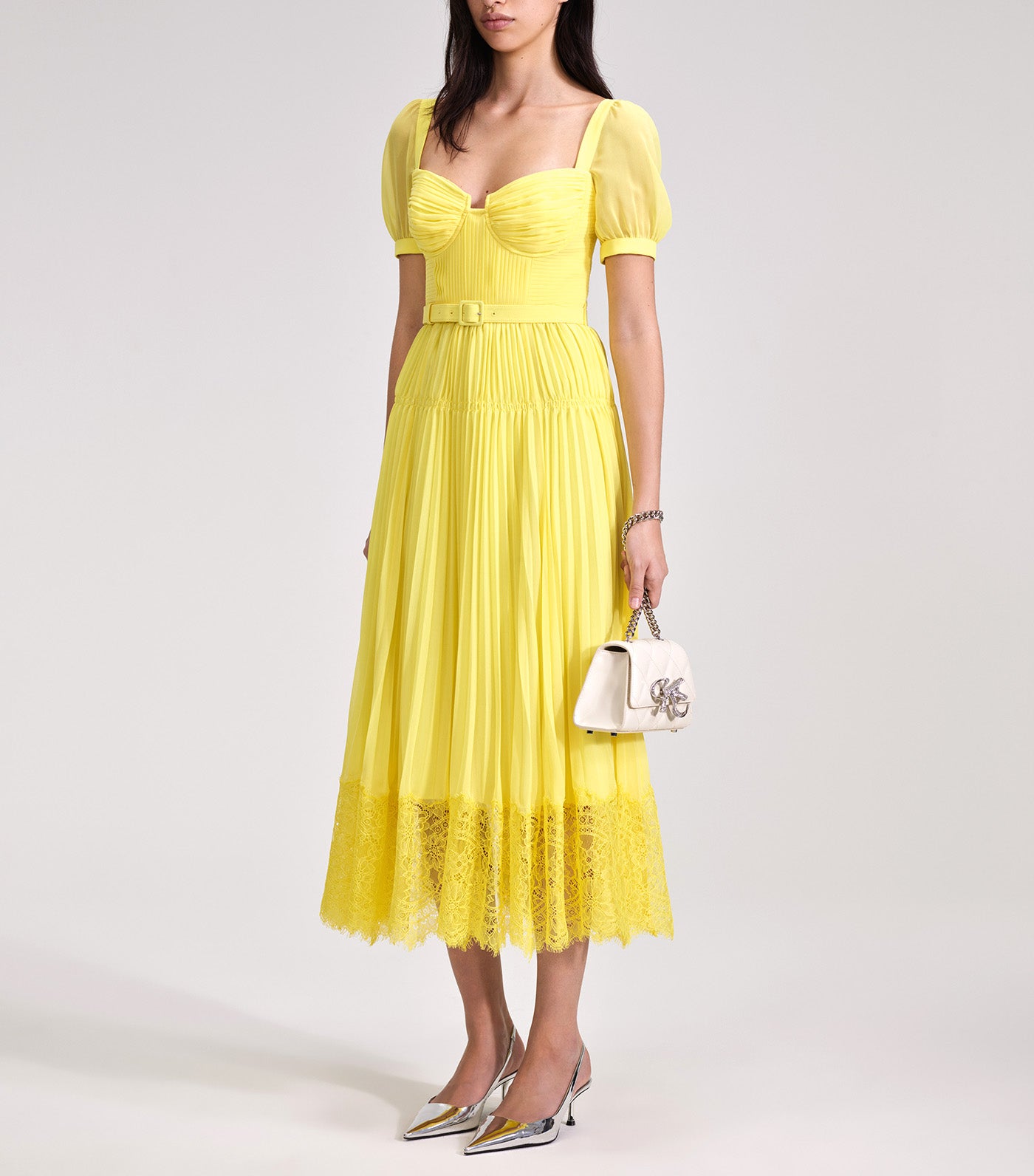 Chiffon Lace Detail Midi Dress Yellow