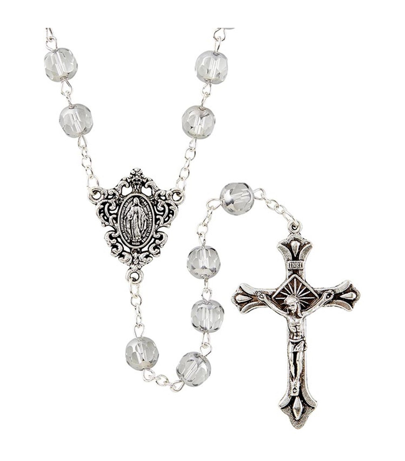 Rustan's Home White Glass Rosary with Miraculous Mary Centerpiece