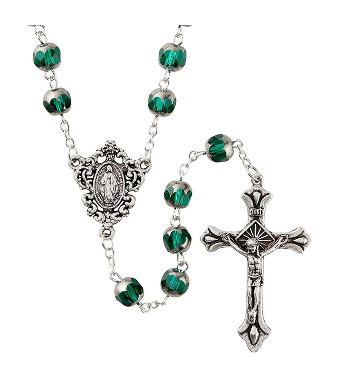 Rustan's Home Green Glass Rosary with Miraculous Mary Centerpiece